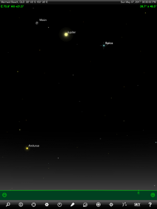 Moon, Jupiter and Spica (the brightest star in the ancient Greek constellation Virgo 'The Virgin') finder chart. Chart prepared for 7 pm AEST ond Sunday 7 May 2017 for the Gold Coast, Queensland, Australia (but will be also useful for elsewhere in Eastern Australia). Chart prepared using the highly recommended Sky Safari Pro tablet app. Used with permission.