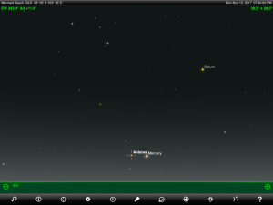 Mercury, Saturn and Antares (the brightest star in the ancient Greek constellation Scorpius 'The Scorpion') finder chart. Chart prepared for 7.30 pm AEST / 8.30 pm AEDT on Monday 13 November 2017 for the Gold Coast, Queensland, Australia (but will be also useful for elsewhere in Eastern Australia). Chart prepared using the highly recommended Sky Safari Pro tablet app. Used with permission.