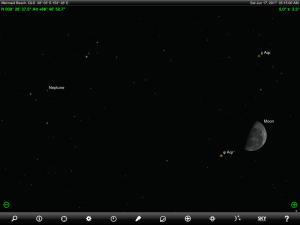 Moon and Neptune finder chart. Chart prepared for 5.15 am AEST on Saturday 17 June 2017 for the Gold Coast, Queensland, Australia (but will be also useful for elsewhere in Eastern Australia). Chart prepared using the highly recommended Sky Safari Pro tablet app. Used with permission.
