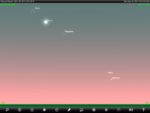 Moon, Venus and Regulus (the brightest star in the ancient Greek constellation Leo 'The Lion') finder chart. Chart prepared for 4.45 am AEST on Monday 18 September 2017 for the Gold Coast, Queensland, Australia (but will be also useful for elsewhere in Eastern Australia). Chart prepared using the highly recommended Sky Safari Pro tablet app. Used with permission.