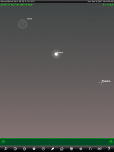 Moon, Jupiter and Spica (the brightest star in the ancient Greek constellation Virgo 'The Virgin') finder chart. Chart prepared for 6.30 pm AEST on Sunday 7 May 2017 for the Gold Coast, Queensland, Australia (but will be also useful for elsewhere in Eastern Australia). Chart prepared using the highly recommended Sky Safari Pro tablet app. Used with permission.
