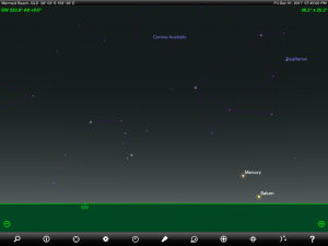 Mercury and Saturn finder chart. Chart prepared for 7.45 pm AEST / 8.45 pm AEDT on Friday 1 December 2017 for the Gold Coast, Queensland, Australia (but will be also useful for elsewhere in Eastern Australia). Chart prepared using the highly recommended Sky Safari Pro tablet app. Used with permission.