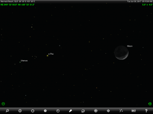 Venus and Uranus finder chart. Chart prepared for 5.15 am AEST on Saturday 3 June 2017 for the Gold Coast, Queensland, Australia (but will be also useful for elsewhere in Eastern Australia). Chart prepared using the highly recommended Sky Safari Pro tablet app. Used with permission.
