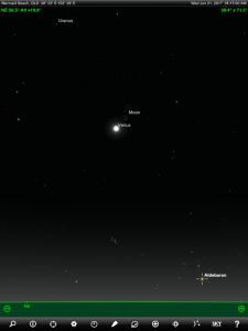 Uranus and Moon finder chart. Chart prepared for 5.15 am AEST on Tuesday 20 June 2017 for the Gold Coast, Queensland, Australia (but will be also useful for elsewhere in Eastern Australia). Chart prepared using the highly recommended Sky Safari Pro tablet app. Used with permission.