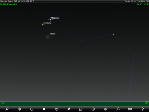 Moon, Mercury and Regulus (the brightest star in the ancient Greek constellation Leo 'The Lion') finder chart. Chart prepared for 6.30 pm AEST on Tuesday 25 July 2017 for the Gold Coast, Queensland, Australia (but will be also useful for elsewhere in Eastern Australia). Chart prepared using the highly recommended Sky Safari Pro tablet app. Used with permission.