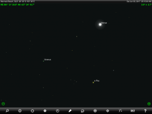 Moon, Jupiter and Spica (the brightest star in the ancient Greek constellation Virgo 'The Virgin') finder chart. Chart prepared for 6.30 pm AEST on Sunday 7 May 2017 for the Gold Coast, Queensland, Australia (but will be also useful for elsewhere in Eastern Australia). Chart prepared using the highly recommended Sky Safari Pro tablet app. Used with permission.