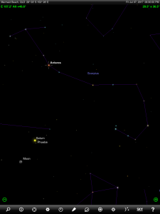 Moon and Jupiter finder chart. Chart prepared for 6.30 pm AEST on Saturday 1 July 2017 for the Gold Coast, Queensland, Australia (but will be also useful for elsewhere in Eastern Australia). Jupiter's Galilean Moons are visible through a medium sized pair of binoculars or a small telescope. Chart prepared using the highly recommended Sky Safari Pro tablet app. Used with permission.