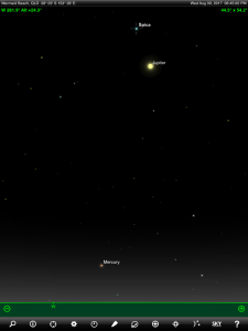 Moon and Saturn finder chart. Chart prepared for 6.45 pm AEST on Thursday 3 August 2017 for the Gold Coast, Queensland, Australia (but will be also useful for elsewhere in Eastern Australia). Chart prepared using the highly recommended Sky Safari Pro tablet app. Used with permission.
